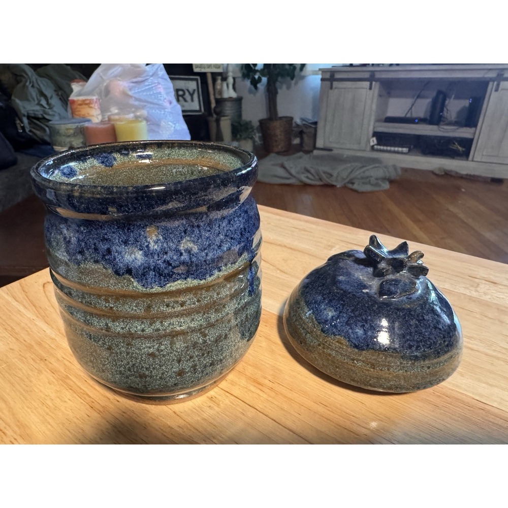 Glazed + Dripped Handcrafted Crock W/Lid Pottery + Fused Glass Rare 7"